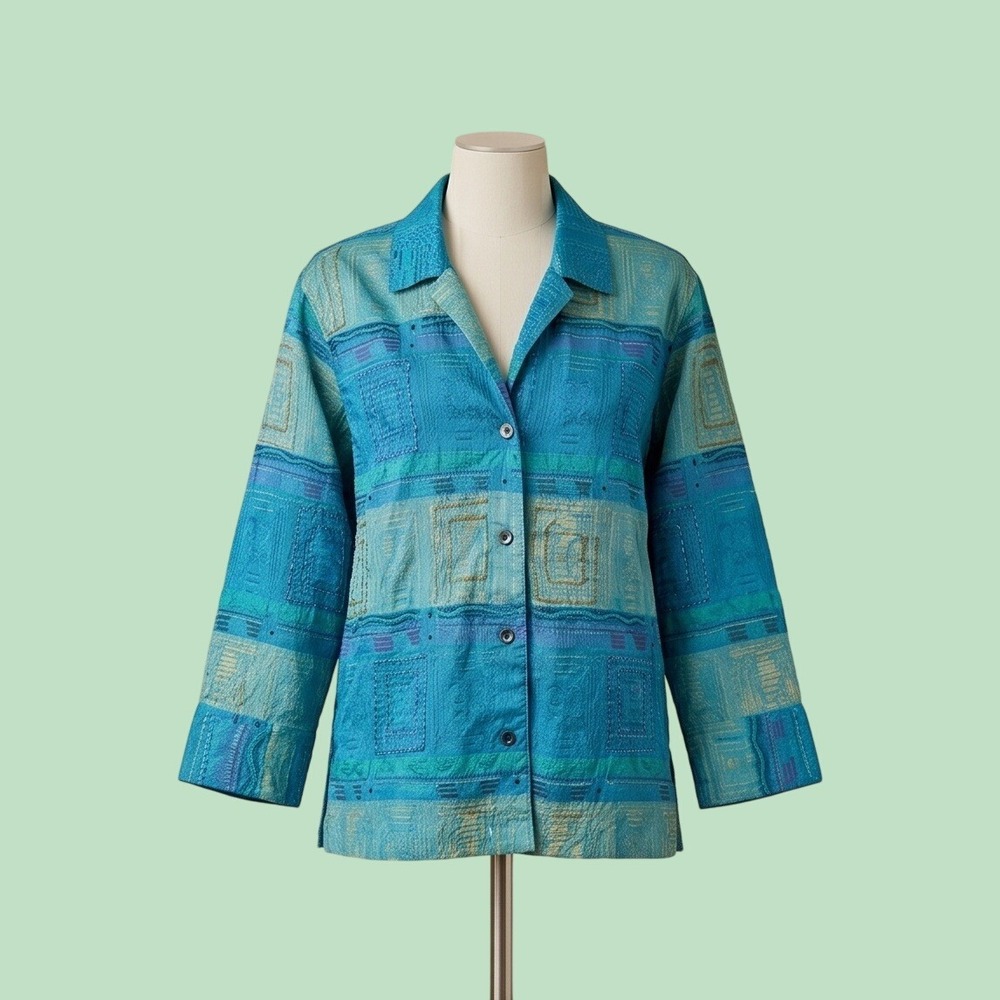 Chico's Design 1 Blue Vintage Embroidered Beaded Button Front Shacket Medium
